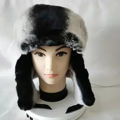 Rabbit Fur Aviator Outdoor Trapper Trooper Pilot Ski Hat Lambskin Leather Trapper Hat with Two-Tone Rabbit Fur Trim