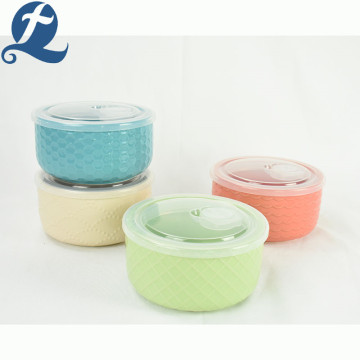 Emboss salad fruit storage ceramic bowl with lid