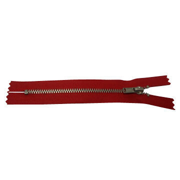 #3 Closed-end Metal Zipper, Y-type Teeth, Matte Nickel Teeth/Puller/Slider, Red Tape