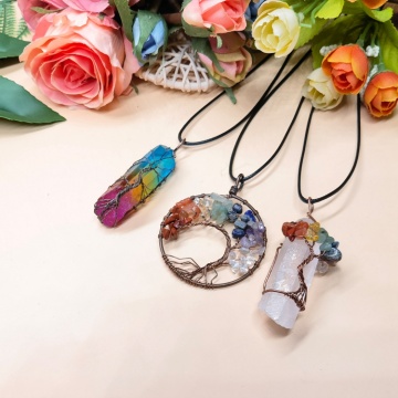 3 pair pendant necklaces tree of life copper wire wound natural quartz aura Healing Crystal Point chakra Jewelry Gift