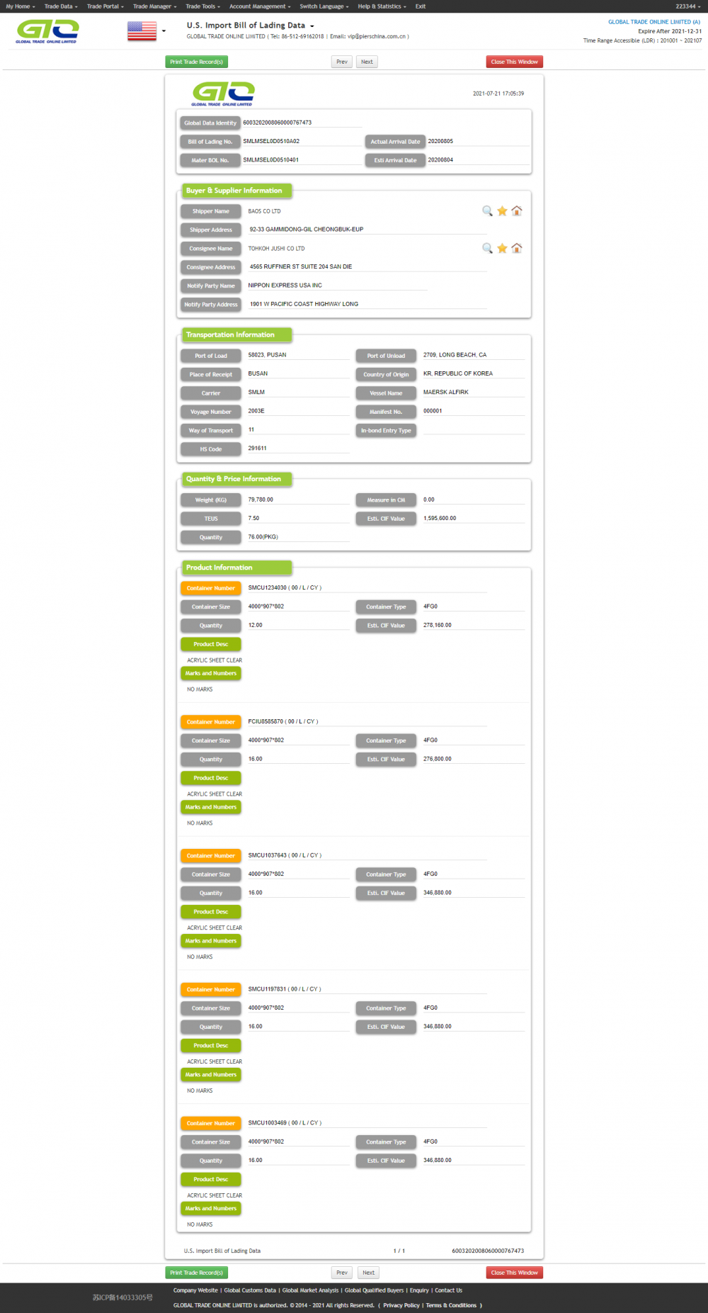 Datos personalizados de importación de EE. UU. De HOJA DE ACRÍLICO CLARO