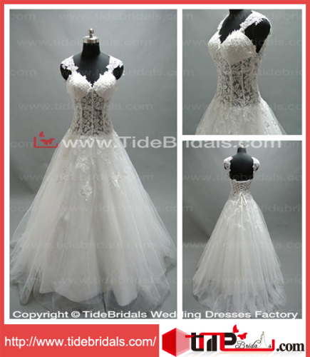 V-Neck Straps Lace Tulle Brides Evening Gown Bridal Wedding Dress (LT2154)