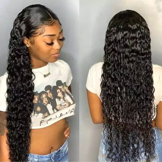 10a Long Curly Hair Swiss Lace Wig Vendor, 24 Inch Peruvian Human Hair Water Wave Pre Plucked HD Full 360 Lace Front Wig