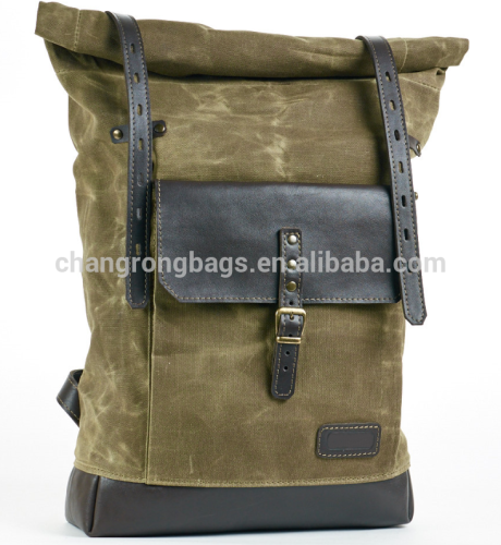 2015 new design army green waxed canvas hiking backpack,large canvas school backpack, vintage laptop backpack for students