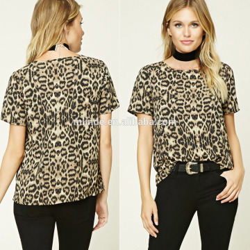 Ladies Women Fashion Printing Short Sleeve Round Neckline Contemporary Leopard Print Tops Wholesale Made in China