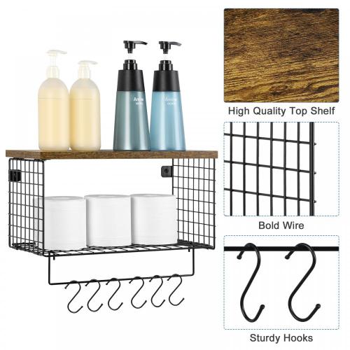 Wall Mounted Farmhouse Bathroom Shelf with Metal Hooks