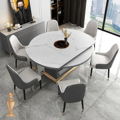 Extendable Round Folding Stainless Steel Tempered Glass Dining Table with Induction Cooker