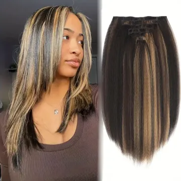 22 Inch Real Human Hair Natural Black Kinky Straight Hair Extensions - 7pcs Clip In Synthetic Kinky Straight Hair