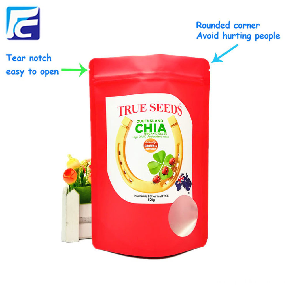 Standup foil chia seed packaging pouch with window 