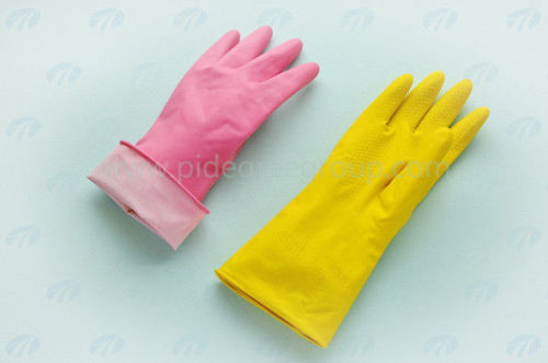 Colored, Long Cuff, Non Lined, Flocklined And Beaded Cuff Natural Latex Household Gloves
