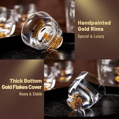 24K Gold Leaf Sake Set - Freezer Safe Crystal Sake Glasses & Carafe