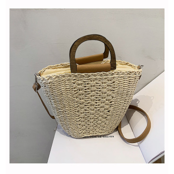 2021 wood round handgrip large volume straw bag