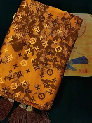 Golden Silk Jacquard Scarf with Phoenix Feather Texture