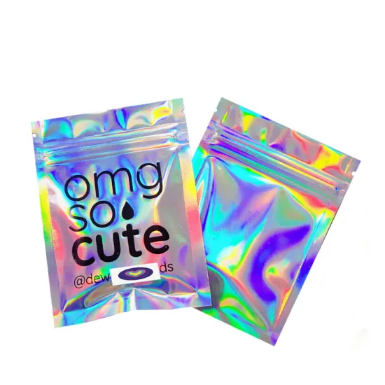 Holographic Mylar Bag for Cosmetic Packaging with Clear Brush Handle and Microfiber Beauty Blender
