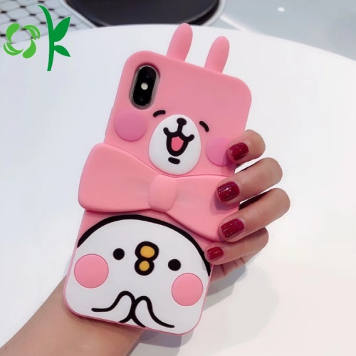 Ροζ Cute Rabbit Silicone Phone Προστατευτικό με κάτοχο