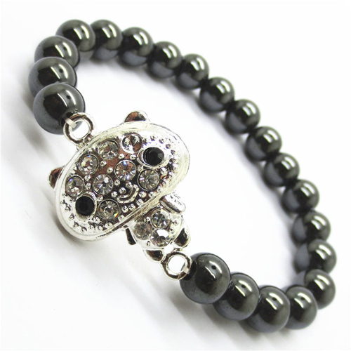 Hematite 8MM perles rondes Stretch Gemstone Bracelet avec pièce en alliage de Diamante