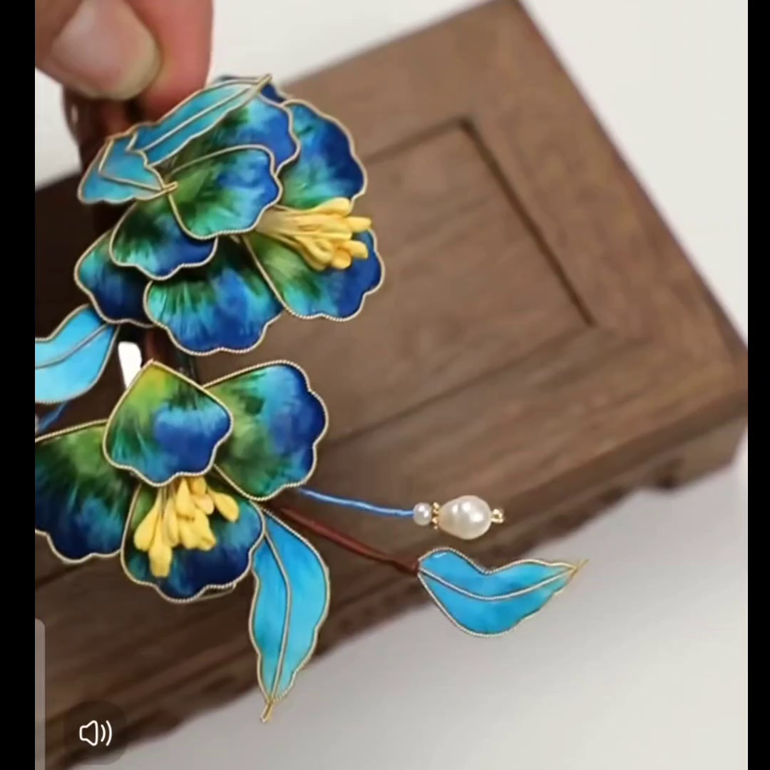 Blue national style peony velvet flower brooch