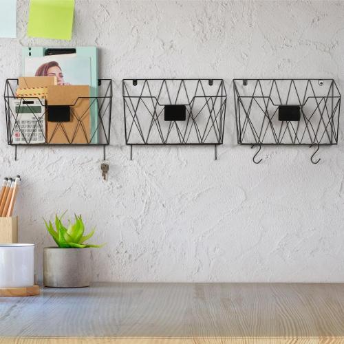 Wall Mounted Metal File Basket with Hooks