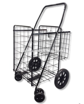 Folding Metal Supermarket Shopping Cart with Double Basket and Wheels