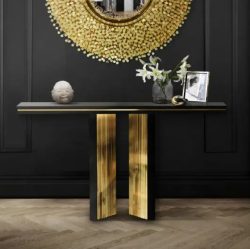 Modern Gold Stainless Steel and Black Wooden Console Table - Italian Design Luxury