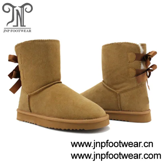 Leather upper wool lined warm snow boots womens with double back ribbon bow