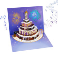 Tarjeta emergente de pastel de cumpleaños brillante con luces y música