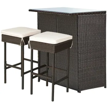 All-Weather 3PC Patio Rattan Wicker Bar Table Stool Dining Set with Cushioned Chairs for Garden