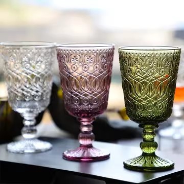 Wholesale Custom Clear Glass Goblets - Vintage Embossed Green Pink Amber Colored Wine Glass Set for Wedding