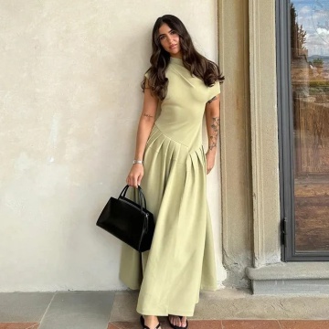 Elegant Green Pleated Dress: New Casual Office Lady Street Wear Fashion O Neck Short Sleeve Long Dresses for Women