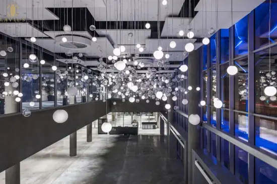 Unique hotel glass chandelier with hand-blown spheres in white