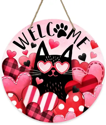 Valentine Black Cat Wooden Welcome Sign