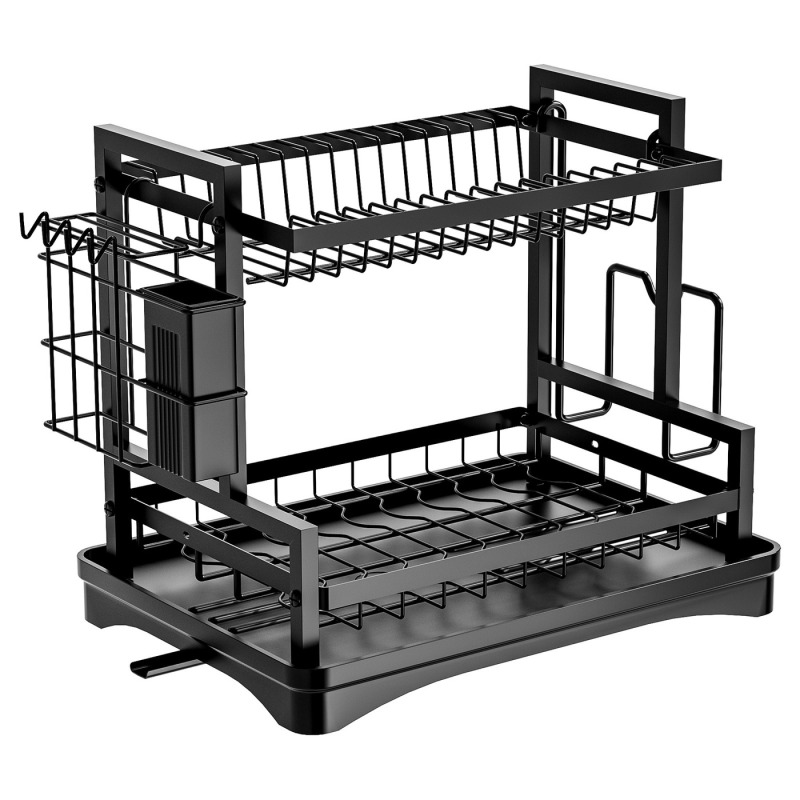 2 Tier Carbon Steel Dish Drying Rack Kitchen Countertop Bowl and Cutlery Organizer