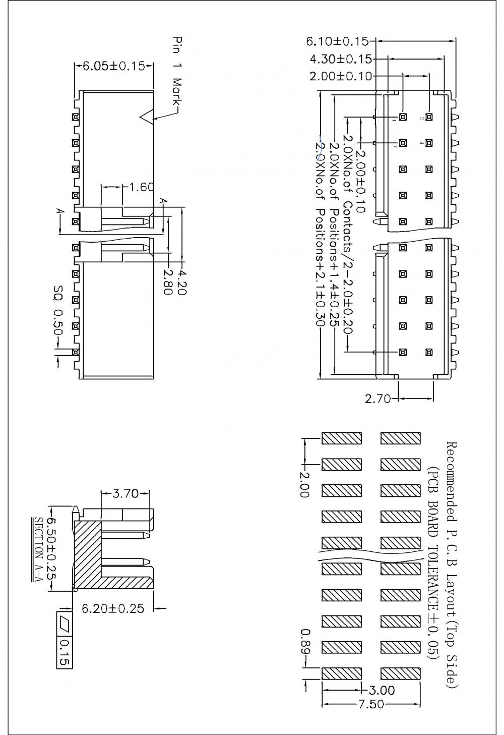 2,0x2,0 mm höljd lådhuvud Vertikal /rak SMT -typ H = 6,1 mm