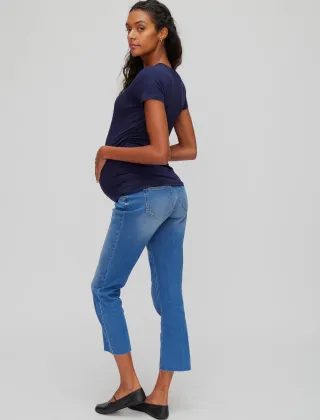 Blue Maternity Raw Hem Straight Leg Jeans for Big Sizes