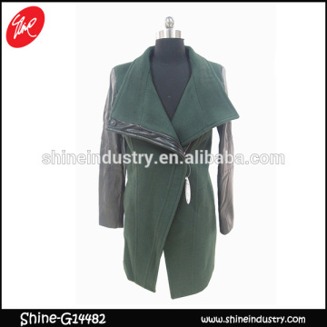 Style splicing PU and woolen fabric green lady coat