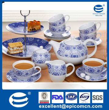 Guangdong wholesale grace ceramic tea ware blue and white 19pcs for 6 person