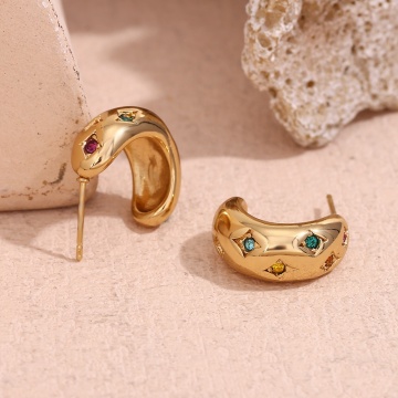 Brave Light Colorful Zircon Hoop Earrings - Chunky Gold Plated Stainless Steel Jewelry Wholesale