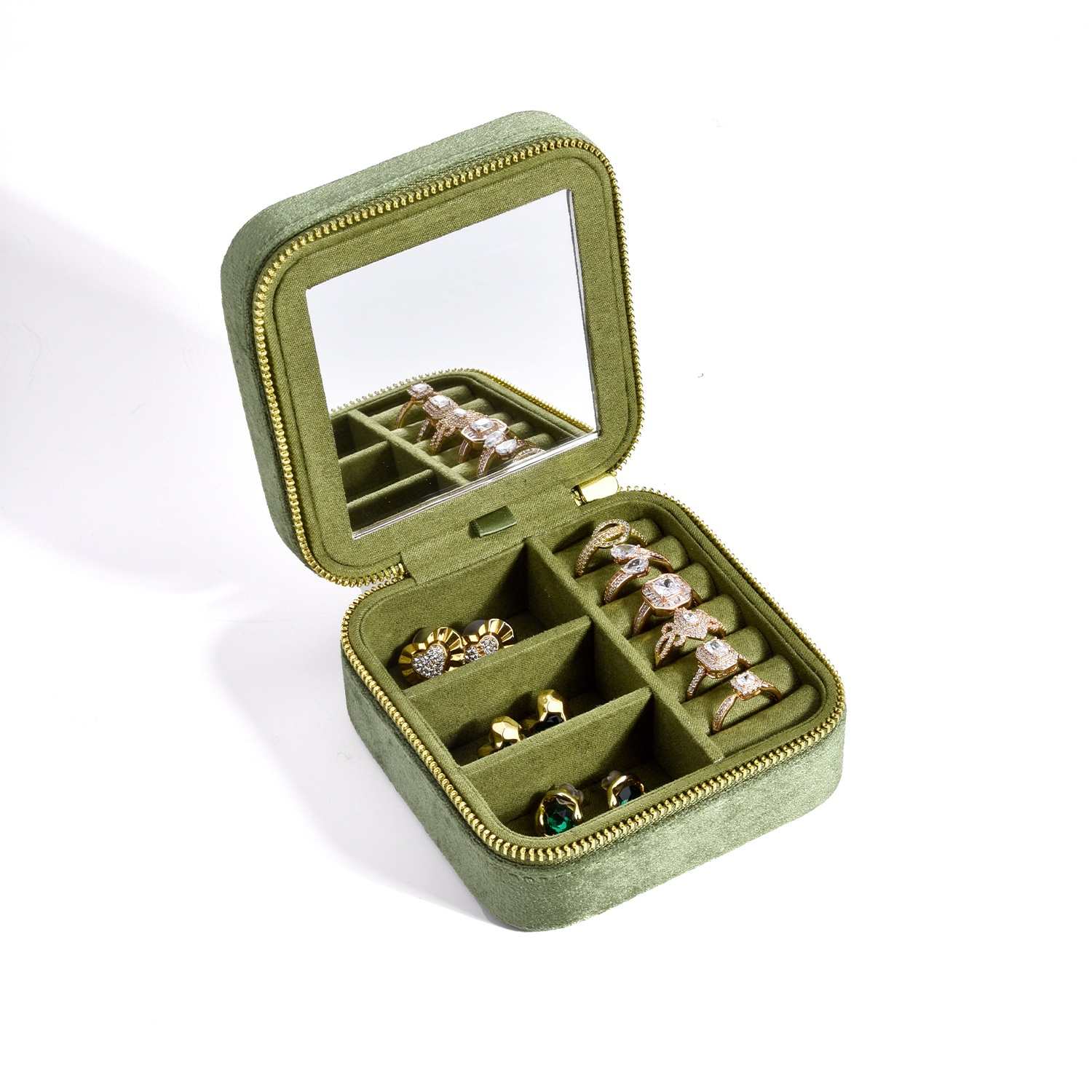 Square Vintage Green Velvet Jewelry Box With Mirror