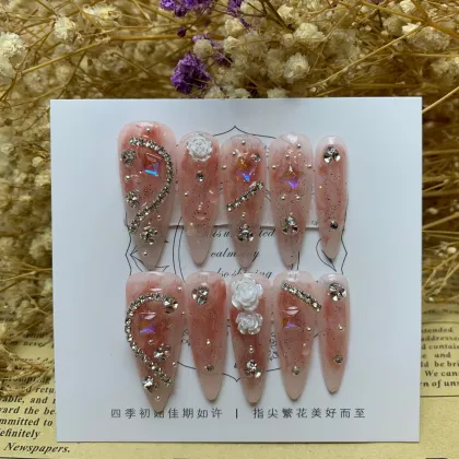 Rhinestone Flower Long False Nails - Press on Manicure Wear