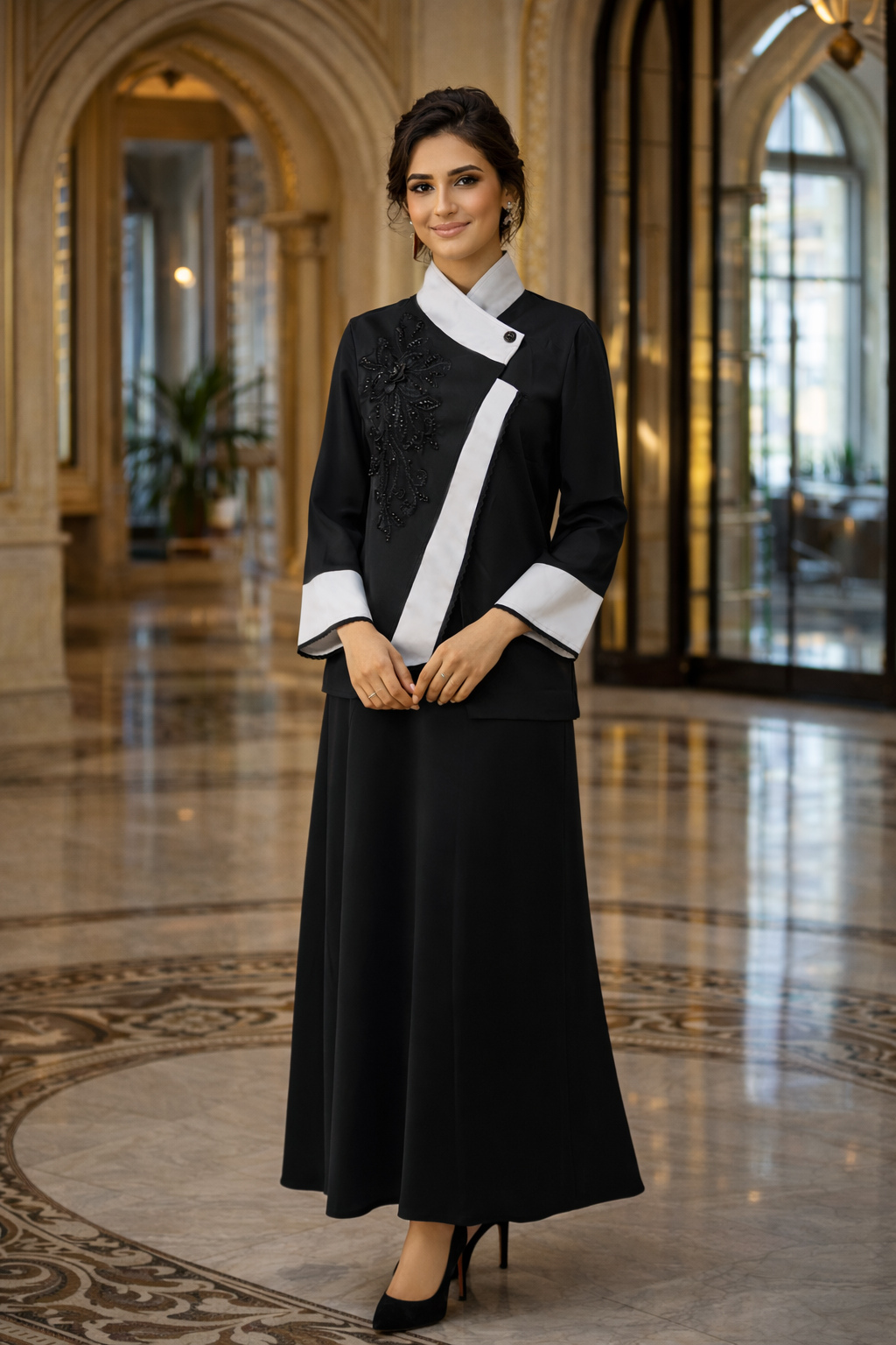 black white embroidered abaya set asymmetric front