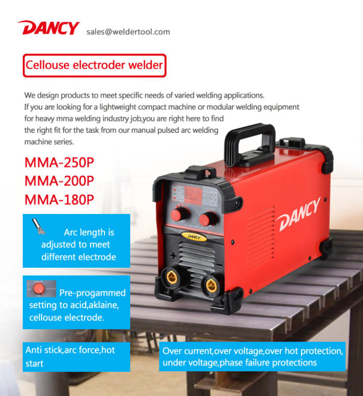 200A cellouse mma pulsed arc welding machine,220V 1phase input,Vertical Weld,overhead Weld,fillet Weld