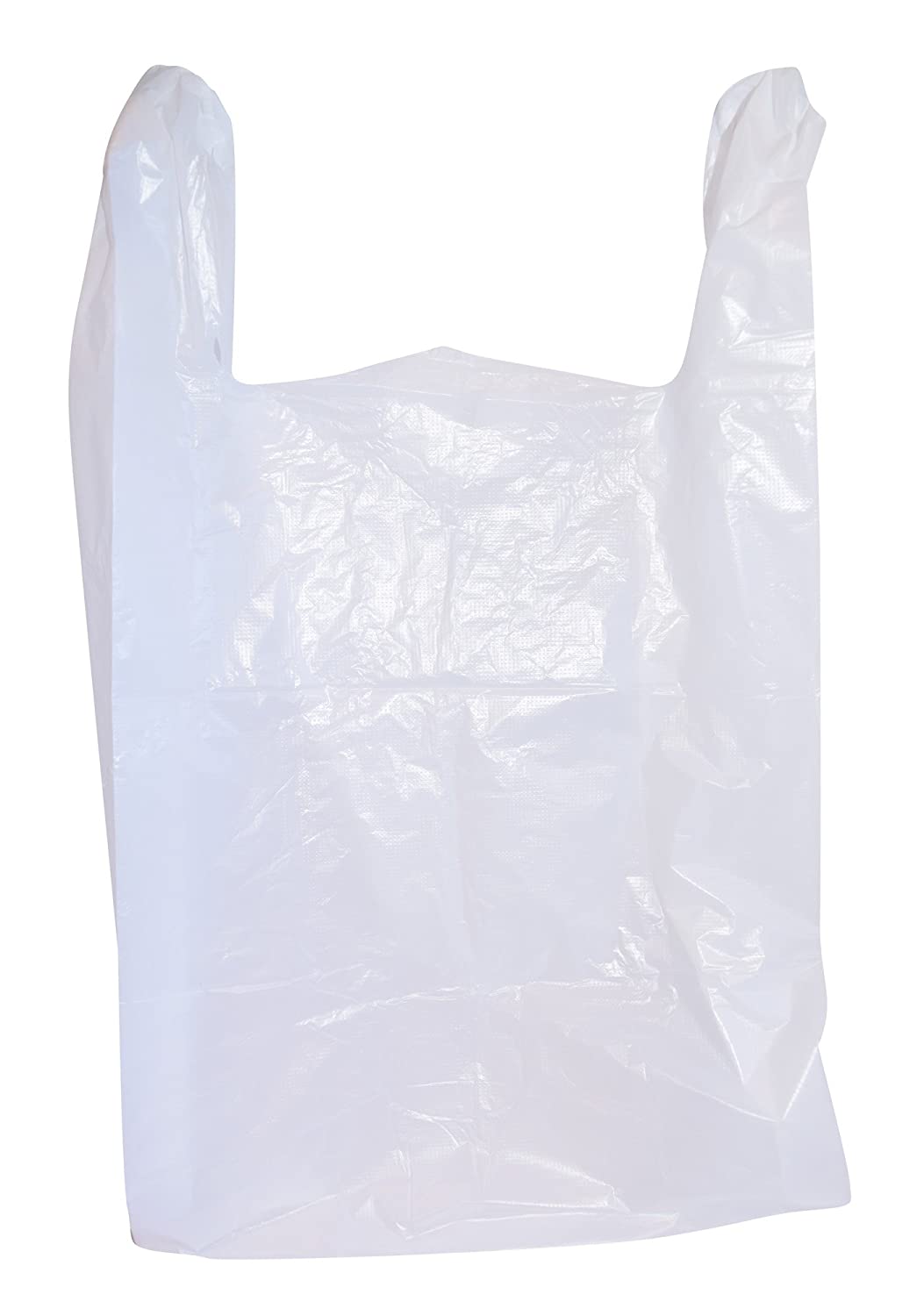 A bulk package of 100 plain, white t-shirt bags. These plastic bags are a clean alternative to plastic thank you bags. Each bag boass sturdy handles and is perfect for your home, market, or store use.