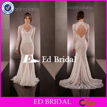 MG75 2015 Modest Appliqued Key Hole Back Floor Length Long Sleeve Bridal Wedding Dresses