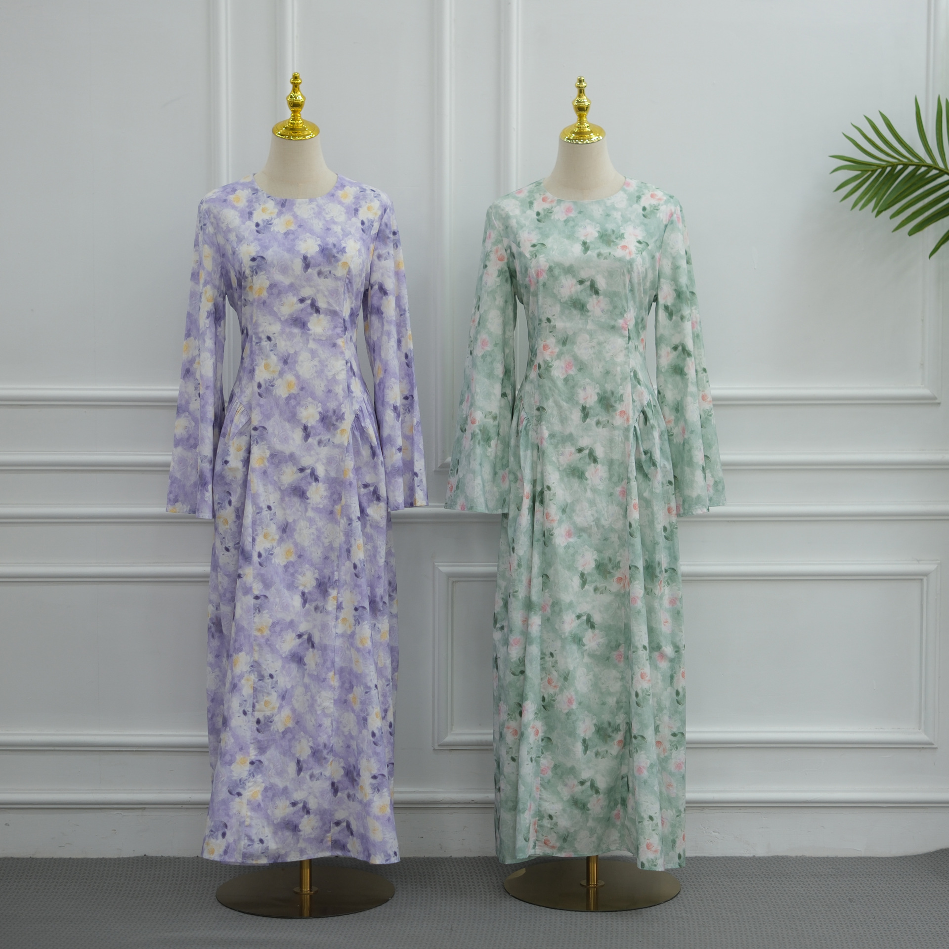 Floral Print Modest Maxi Dress with Lace-Up Waist