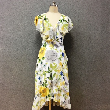 Women's polyester printed short sleeves long dress