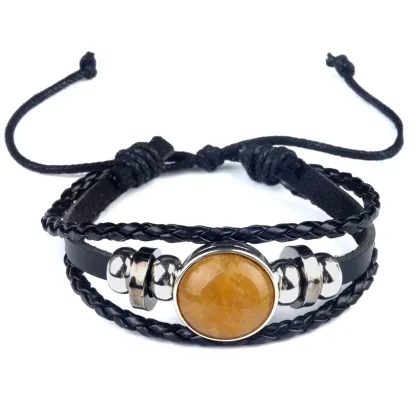 Natural Yellow Jade 20MM Cabs Handmade Woven Leather Bracelets for Women Men