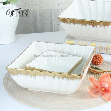 RY011BowlS Golden Curve Edge Square Salad Bowl Set of 3 - Porcelain & Ceramic, Sizes 5, 8, 10 Inch