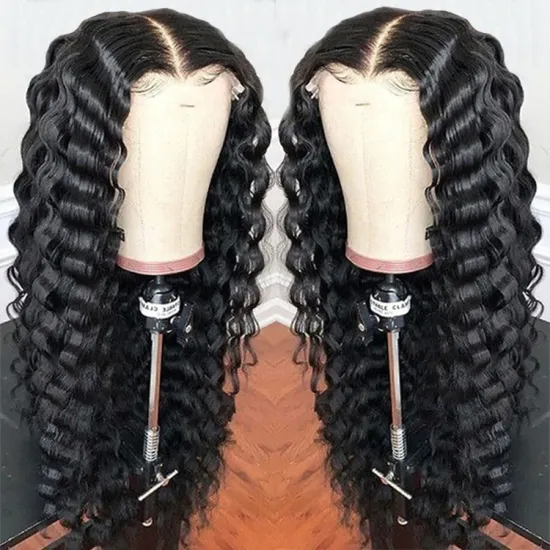 free shipping natural human hair wigs 250 density full frontal lace wig transparent lace deep wave closure wig with baby hair