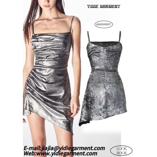 Shiny Stretch Jersey Halter Grey Backless Mini Dress