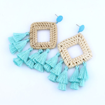 Bohemian Rattan Tassel Earrings for Women Lightweight Boho Jewelry Handmade Weaving Geometric Long Drop Statement Earrings